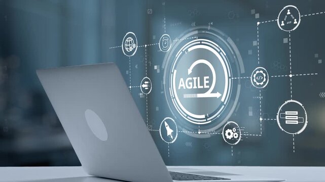 A futuristic robot hand reaches towards a laptop screen, showcasing an agile concept through technology icons that signify innovation in modern business practices. Salient