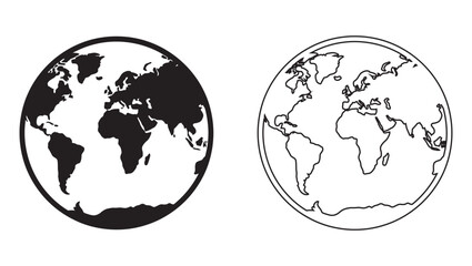 Obraz premium Circular Globe World Map Vector Icon Set Featuring Solid Black Silhouette and Thin Line Art Outline Design for Planet Earth Representation