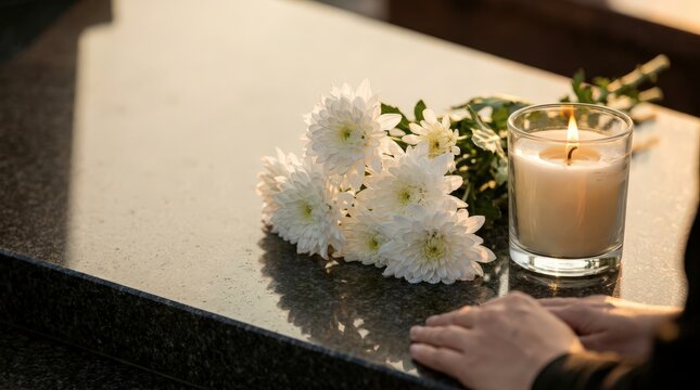 White flowers and a lit memorial candle resting on a dark polished granite tombstone.