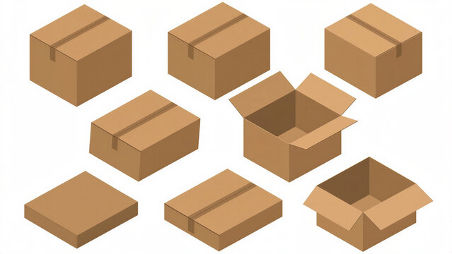 A variety of cardboard box styles, including securely taped boxes, flat boxes for small items, and boxes with open tops ready for packing.