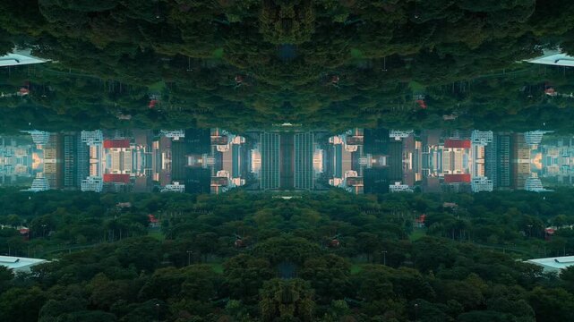 mirrored fractal cityscape skyline with symmetrical skyscraper and green park geometry, abstract urban city architecture pattern with futuristic kaleidoscope reflection, technology background 4k