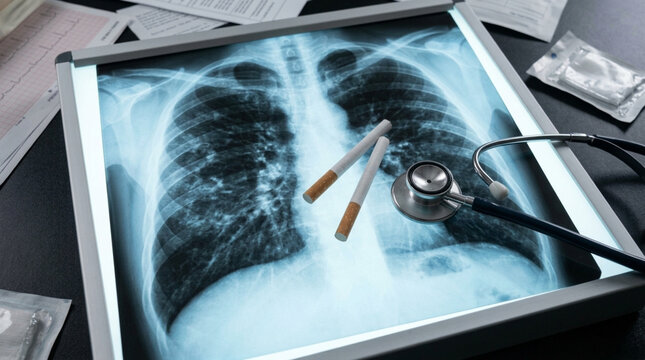Smoking damage on lungs X ray with cigarettes and stethoscope medical concept