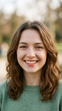 Smiling Young Woman with Wavy Brown Hair Wearing a Green Sweater Outdoors Natural Portrait