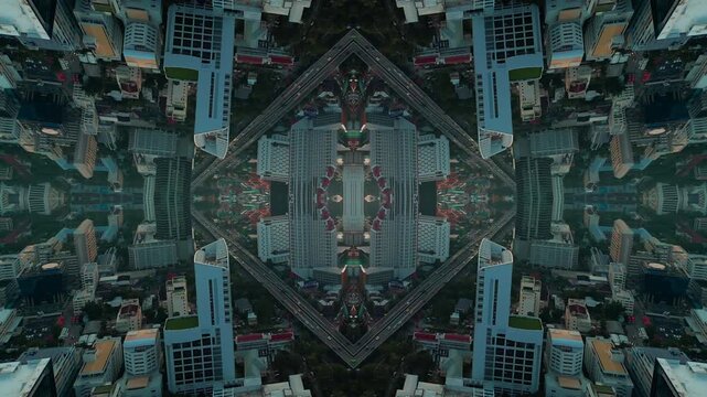 mirrored fractal cityscape skyline with symmetrical skyscraper geometry, abstract urban city architecture pattern with futuristic kaleidoscope reflection effect, technology background 4k