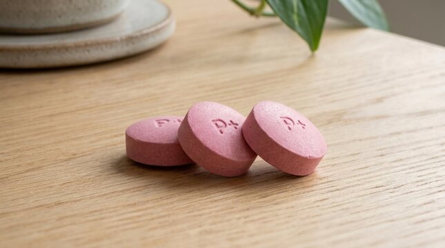 Three pink pharmaceutical tablets on a wooden surface close up representing health and wellness medicine or supplements