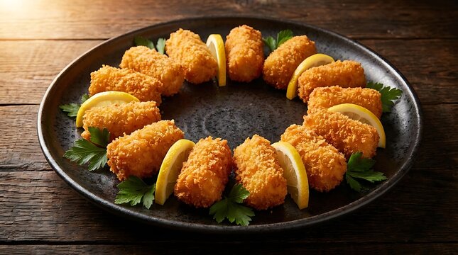 Crispy breaded fish fingers arranged in a circle with lemon slices on a dark round plate. crispy prawn bites
