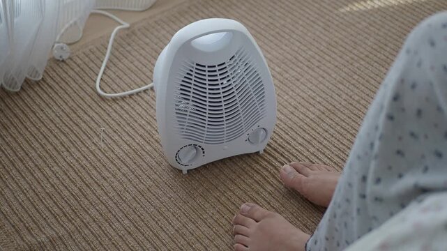 A woman relaxes by a heater on a rug at home. He enjoys warmth in winter