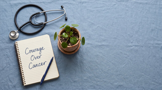 A stethoscope and a notepad with the words courage over cancer on a blue background with medical stethoscope small green plant sit beside notebook with encouragement, professional