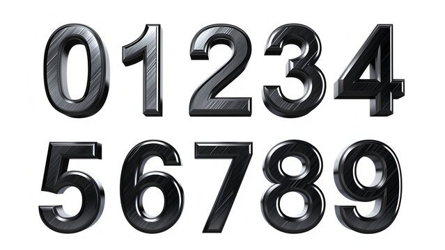 Architectural 3D metallic numbers 0 to 9 crafted with dark bournonite, wolframite, and cassiterite mineral textures for modern industrial signage.