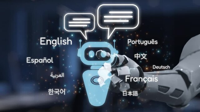 A modern robotic assistant showcases its ability to communicate in various languages, featuring speech bubbles in a sleek, futuristic environment with advanced technology elements. Salient