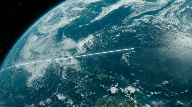 Satellite view of Earth globe showing glowing flight path line route