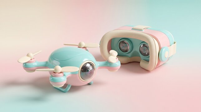 Pastel drone and virtual reality headset on a soft gradient