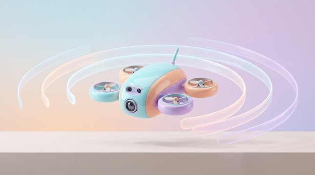 Pastel colored drone emitting signal waves against a soft gradient