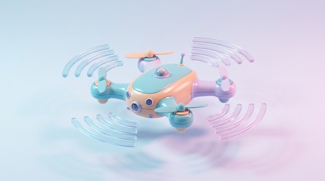Pastel colored drone emitting digital signal waves against a soft