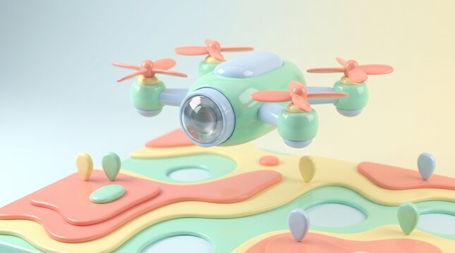 Pastel colored drone hovering over a stylized topographic map with