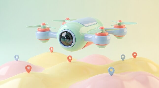 Pastel drone hovering over a stylized 3D map with location pins on a