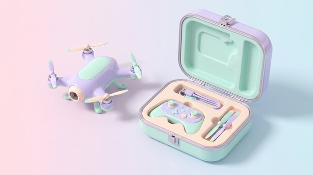 Pastel colored drone with remote controller and accessories in a