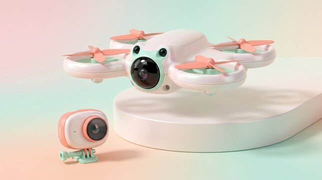 Pastel drone with action camera on a minimalist platform against a