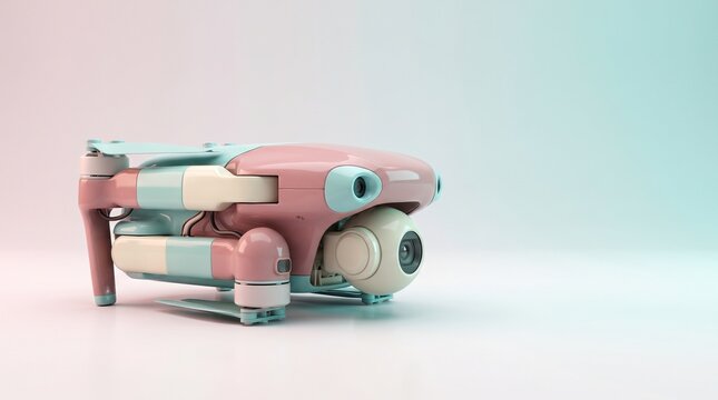 Folded pastel drone with camera lens isolated on a soft gradient
