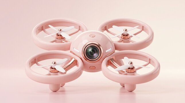 Pastel pink quadcopter drone with a camera lens isolated on a soft