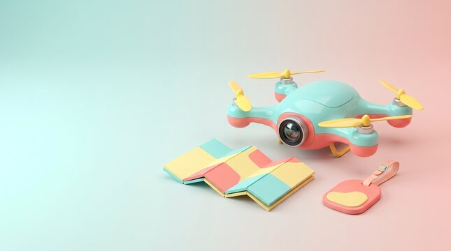 Pastel drone with travel map and luggage tag on a soft gradient