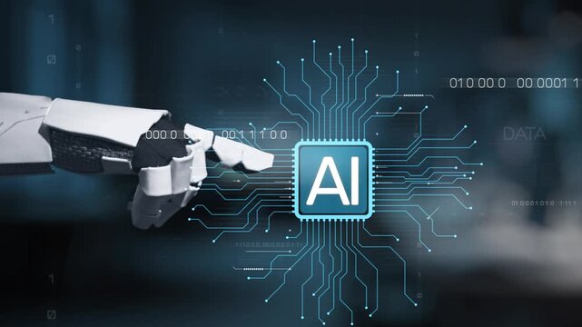 A close-up view of a robotic hand interacting with AI technology, underscoring the integration of robotics and data for advanced machine learning applications in a digital world. Salient