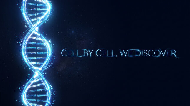 A glowing blue dna helix structure floating against a dark background with scientific text overlay with representing genetic structure luminous blue double floats dark space