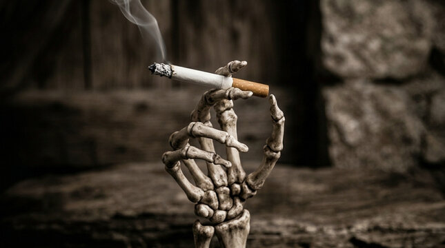Skeleton Hand Holding Burning Cigarette with Smoke Grim Reaper Symbol of Death