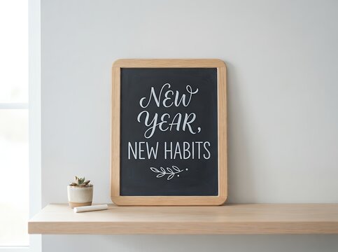 New Year New Habits Chalkboard Message with Plant and Pencil.