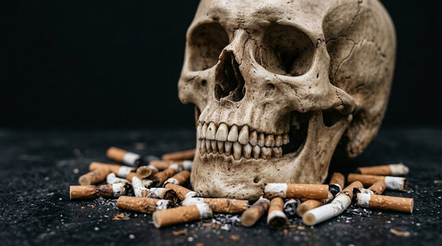 Skull and Cigarette Butts Symbol of Death and Smoking Addiction