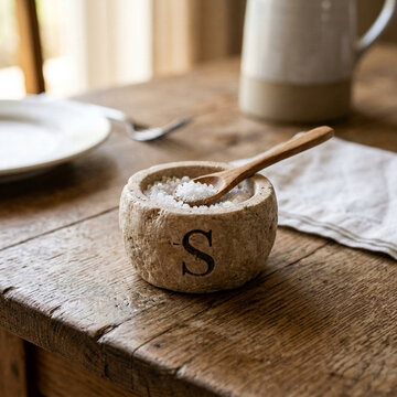 Rustic Stone Salt Cellar with Wooden Spoon and Coarse Salt Crystals on Wooden Table