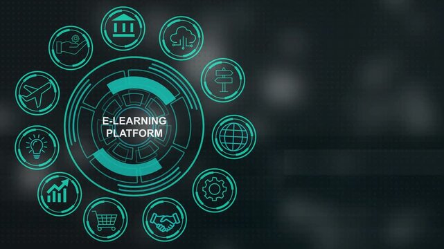 Dynamic e-learning platform hud interface featuring animated digital map background, global education technology interactive user interface and futuristic