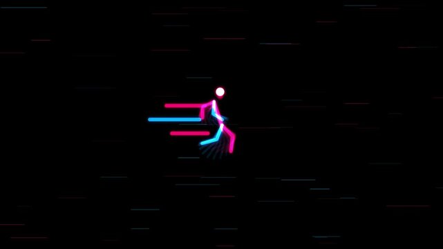 Neon stick figure running animation with motion blur trails on black background