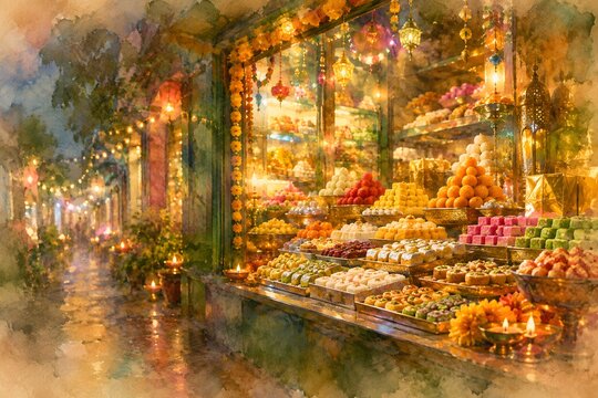 Painterly watercolor sweet shop window with traditional mithai and gold foil details, vibrant neon lighting and festive Diwali atmosphere