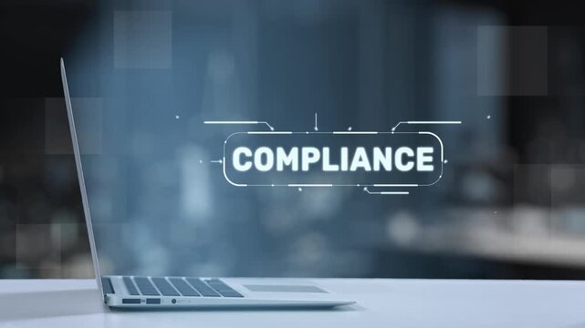 A modern laptop showcasing the concept of compliance with digital connections to governance, policies, and standards in a dynamic business setting, emphasizing transparency and regulation. Salient
