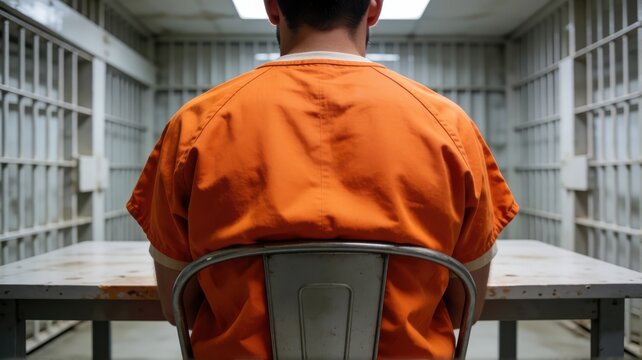 A person wearing an orange prison uniform sits on a chair in a stark and desolate detention center.