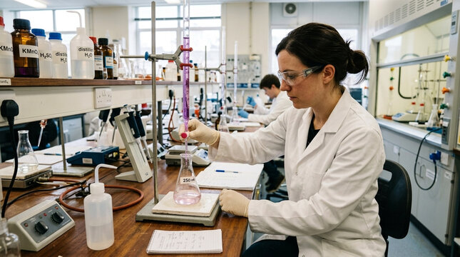 Scientist performing titration experiment in a modern laboratory wearing protective gear