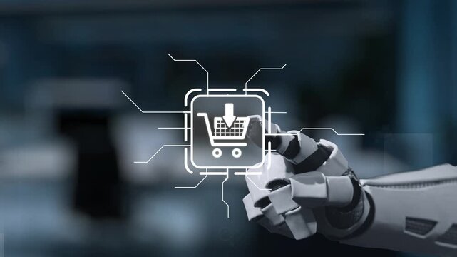 A robotic hand interacting with digital shopping icons illustrates the fusion of technology and retail, showcasing online shopping and e-commerce concepts in modern society. Salient