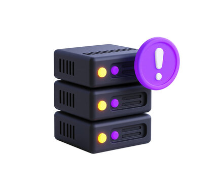 3d server rack icon with a purple exclamation mark alert isolated on transparent background