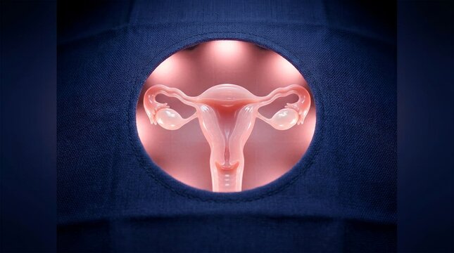 Anatomical model of female uterus and fallopian tubes illuminated in surgical drape opening