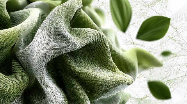 Eco textile innovation, woven fabric combined with subtle digital data lines and green technology elements,