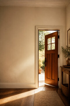 Open Front Door with Warm Sunlight and Blank Interior Space for Welcome Home and Moving Campaigns