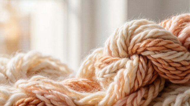 Abstract macro photography showing thick chunky yarn intertwined with complex knitted wool patterns and soft cashmere threads