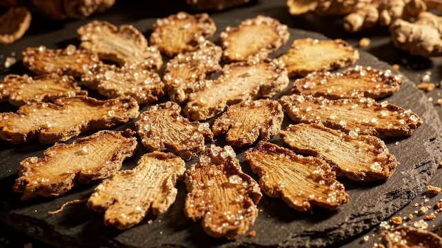Dried ginger slices arranged on dark slate plate