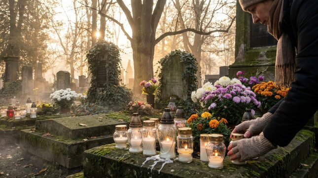 Mourner placing lit candles and colorful flowers on a stone grave in a cemetery during autumn daylight.