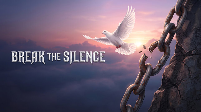 A white dove flies into a sunrise sky near a broken metal chain on rock with face featuring shattered takes flight morning above cliff face transformation inspiration with liberation