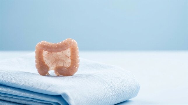 Isolated bioengineered colon model with mesentery vascular web on folded hospital linen