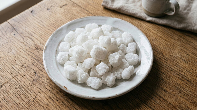 Pile of white sugar cubes on a plate close up view on a wooden table with a coffee cup in the background sweet treat concept
