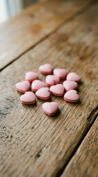 Pile of Pink Heart Shaped Pills on Rustic Wooden Table Medical Love Valentines Day Concept