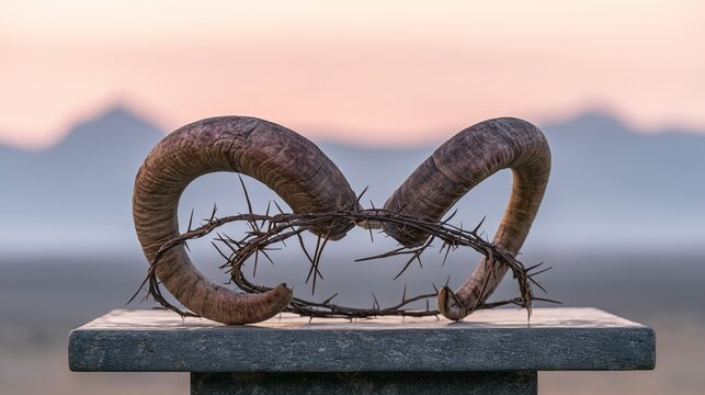 polearm. Ram's horns entwined with thorns on a stone altar at dawn, soft morning light. event programs, museum guides, designed for cultural heritage projects and event programs.